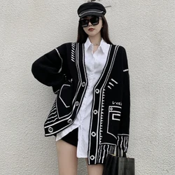 Y2k Print Chic Women Sweater Coat Autumn Korean Knitted Loose Loose Female Casual Cardigan Harajuku Fashion New Ladies Coat Tops