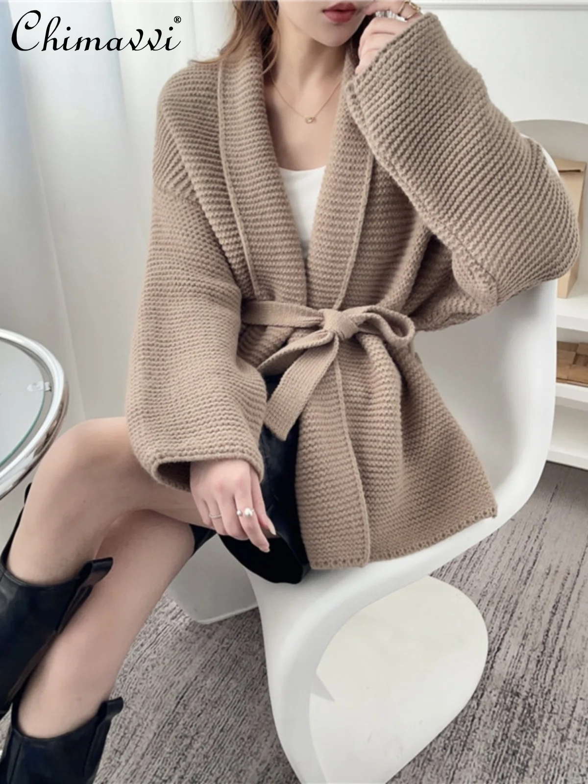 

Belt Sweater Coat Women's Knitted Cardigan 2024 Autumn and Winter New Temperament Long Sleeve Loose Thick Bathrobe Cardigans