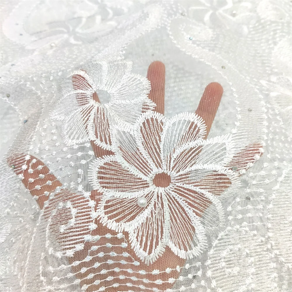 Latest White French Tulle Lace Fabric 2024 High Quality African Lace Fabric With Stones Beaded Nigerian Lace Fabric 5 Yards