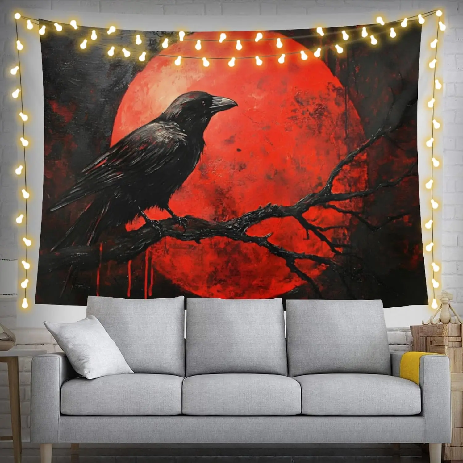 Black Raven Red Sun Tapestry Gothic Nature Wall Hanging Decor Artwork Abstract Crow Bird Moody Home Living Room Art Print