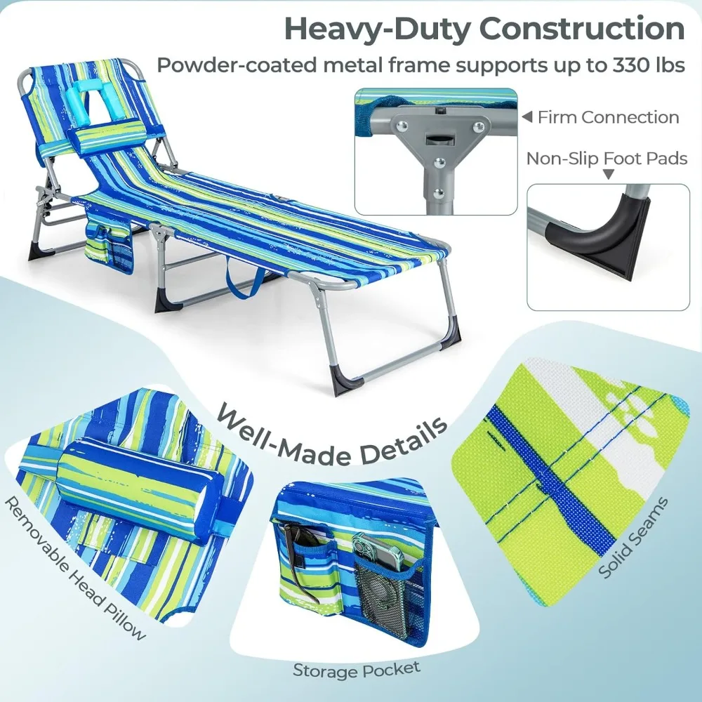 كرسي دباغة قابل للطي مع فتحة للوجه والذراع، كرسي صالة شاطئ قابل للتعديل بـ 5 أوضاع لحمامات الشمس في الهواء الطلق #6