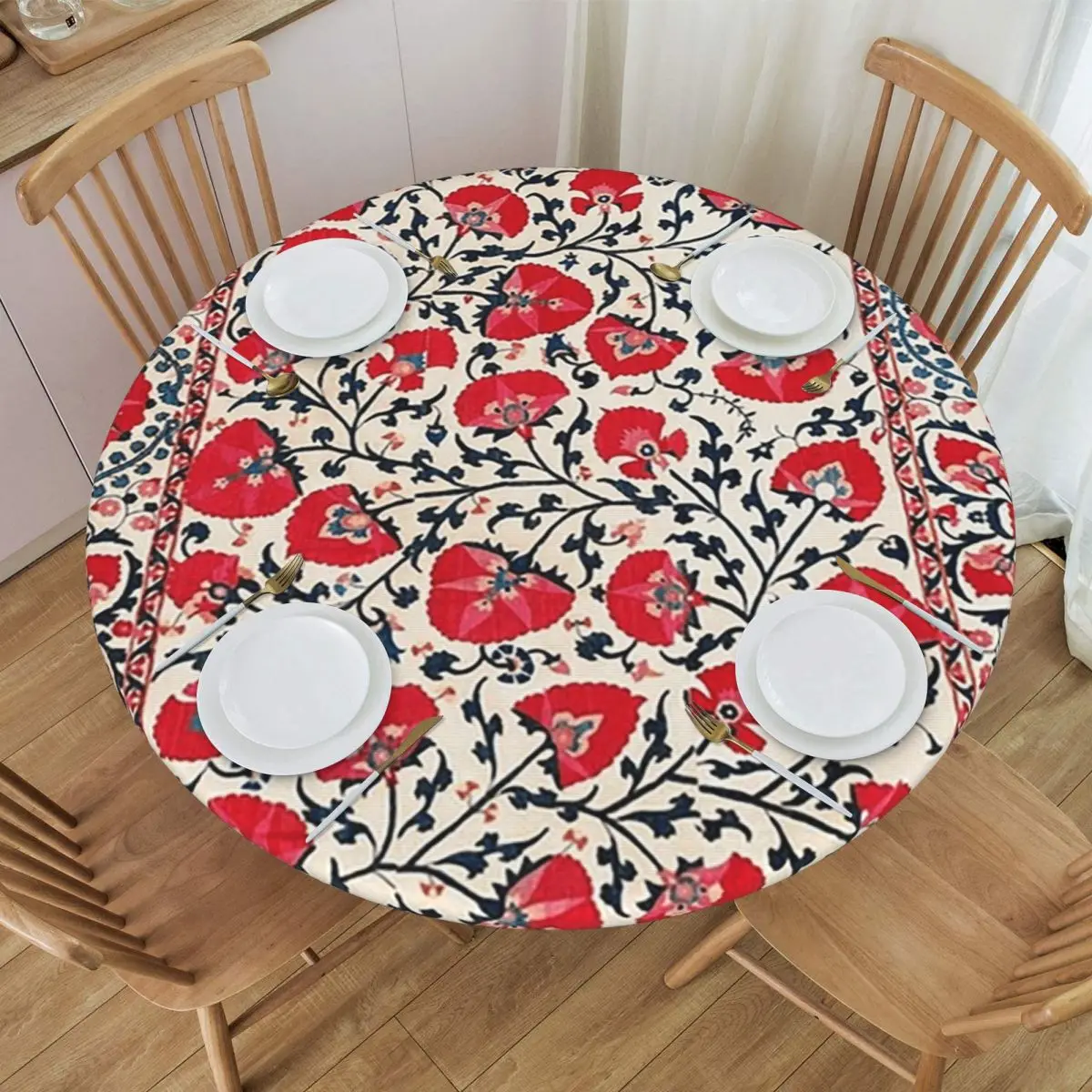 Shakhrisyabz Suzani Uzbekistan Floral Embroidery Waterproof Round Tablecloth Table Cloth for Kitchen Events Dining Table Cover