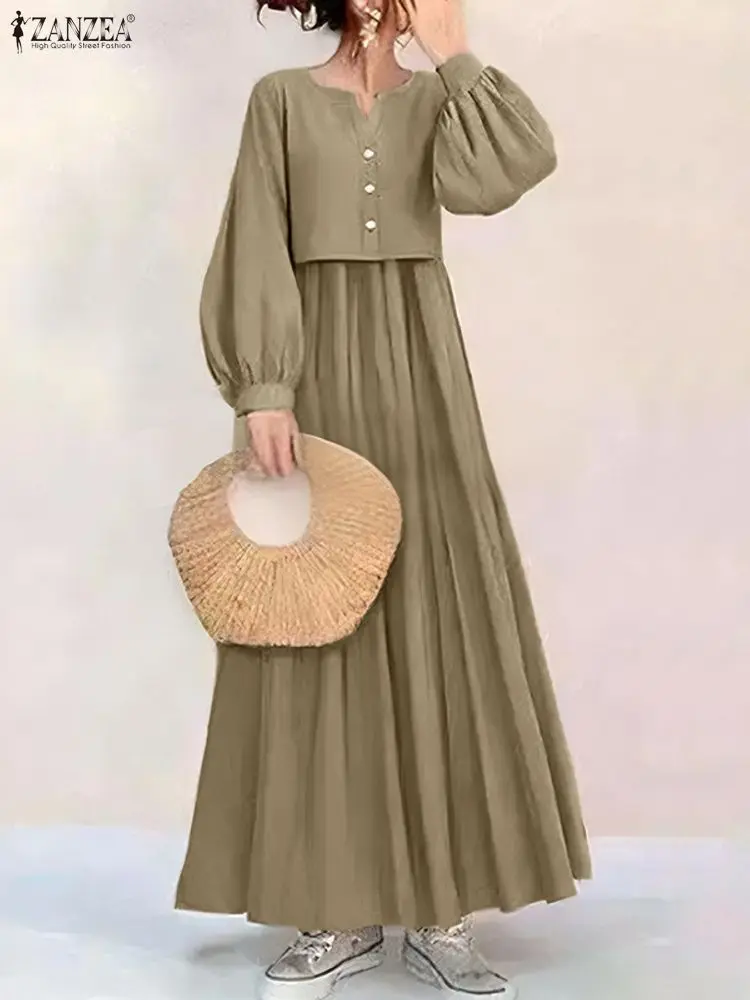 Eleganckie, swobodne sukienki maxi z efektem dwóch części, luźny krój, dekolt w serek, długi rękaw, jednolity kolor, linia A, kolekcja ZANZEA jesień 2025.