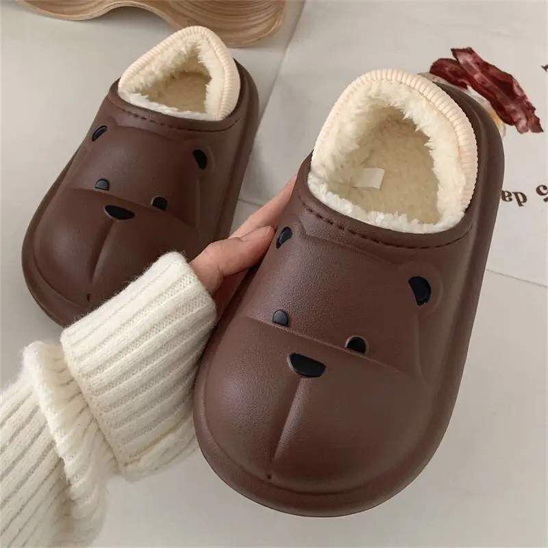 Thick-soled waterproof cartoon bear cotton slippers for men and women winter family home non-slip warm bag heel shoes