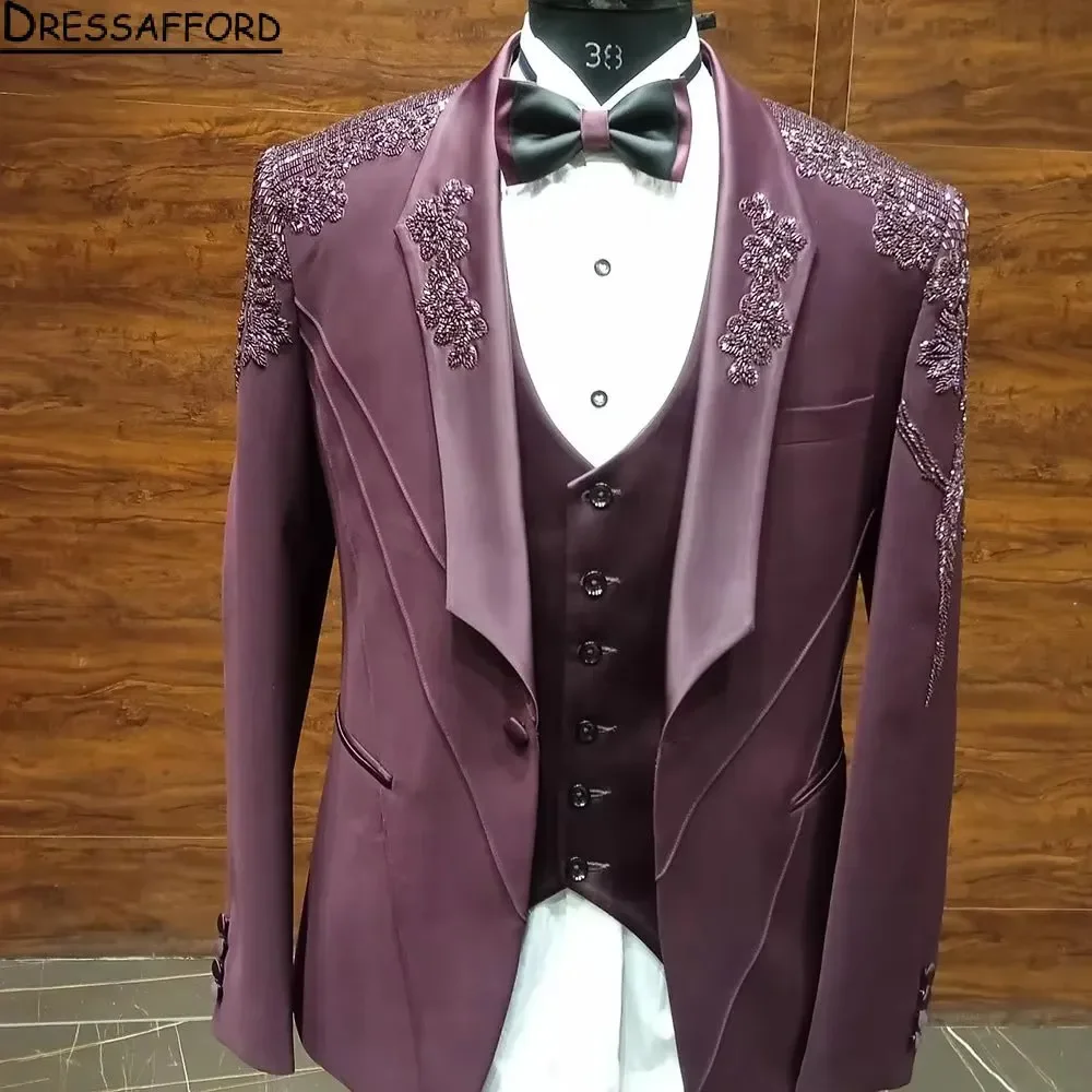 Burgundy Beading 2 Pieces Blazer Pants Men Suits Sequined Appliques Tuxedo High Fashion Wedding Prom Plus Size Custom Made