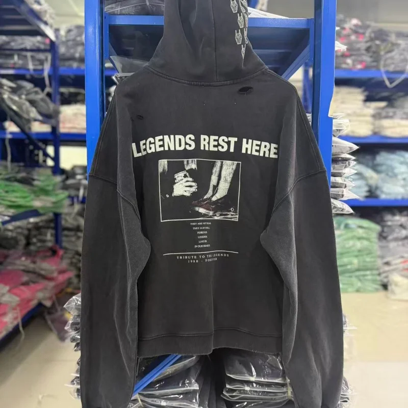 Vintage Black Distressed Full Zip Hoodie Frayed Edge Letter Graphic Oversized Street Coat