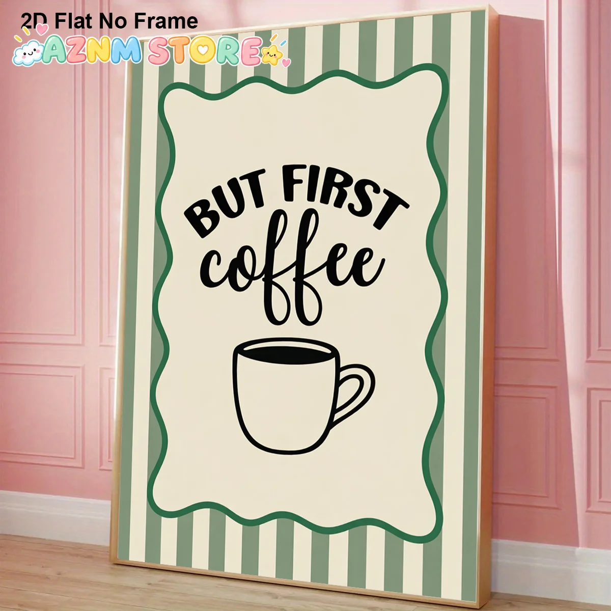 2D Flat, 2D Flat, 1pc Frameless Canvas Poster | But First Coffee Minimalist Typography with Cup Graphic, Ideal for Kitchen, B