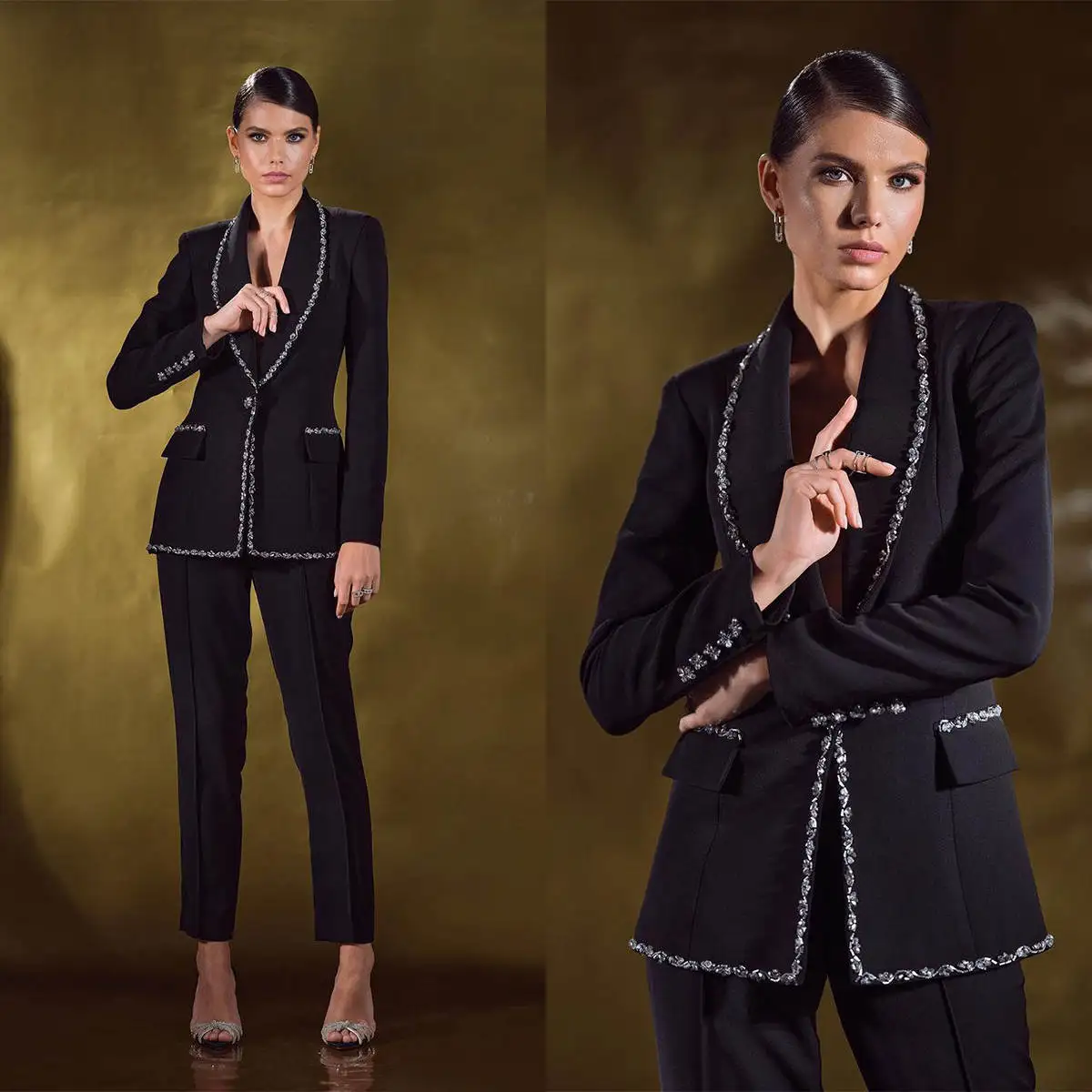 Cool Black Women Pants Suit Celebrity Lady Beading Wear Evening Party Wedding Formal 2 Pieces