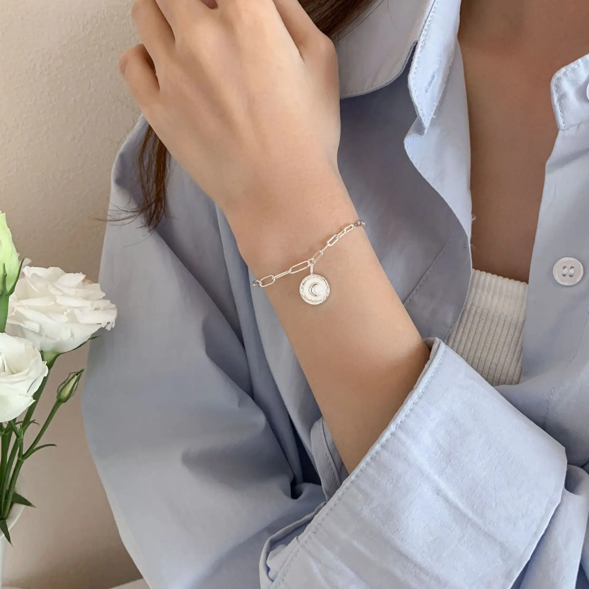 100% 925 Sterling Silver Geometric Bracelet for Women Girl Fashion Irregular Round Moon Chain Design Jewelry Dropshipping