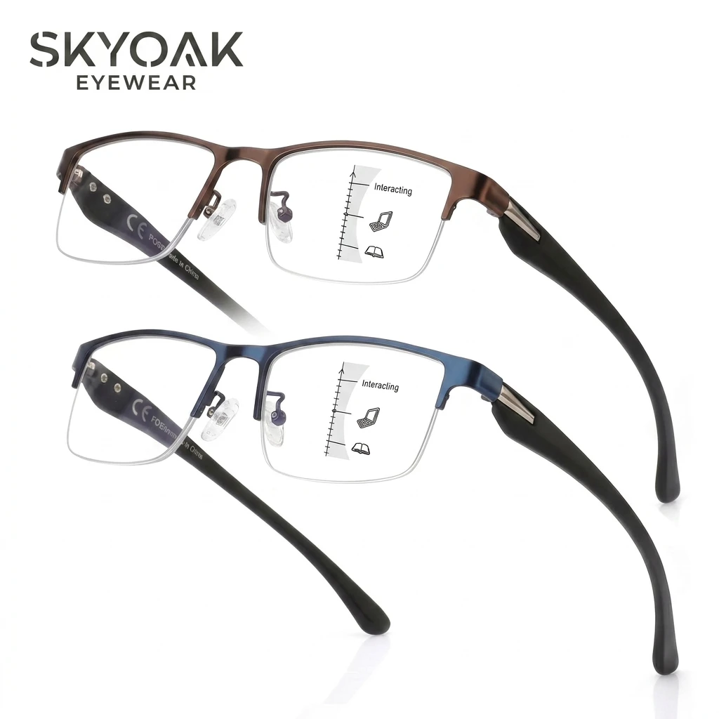 SKYOAK 2 Pack Multifocal Reading Glasses for Men, TR90 Half Frame Progressive No-Line Computer Readers