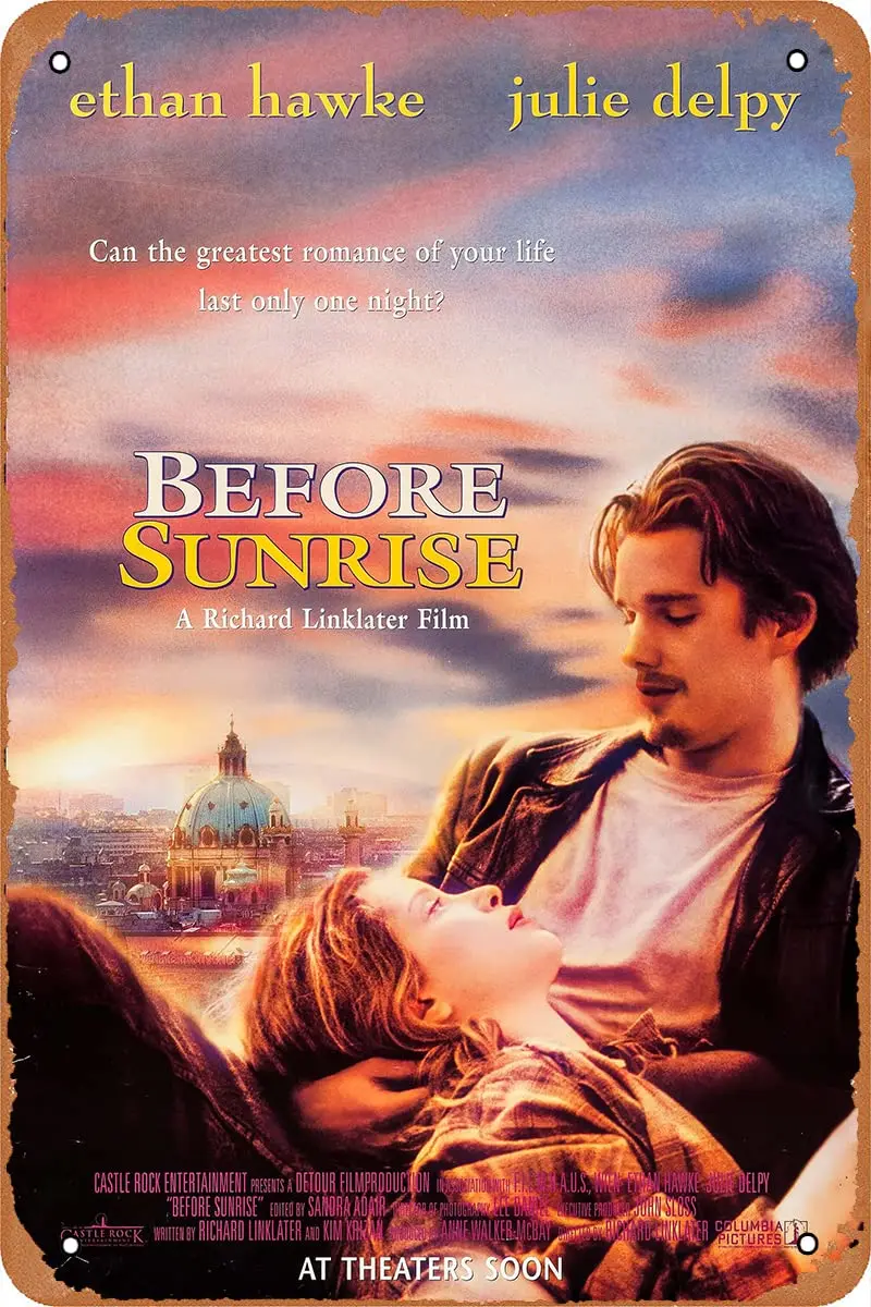 

Before Sunrise Poster Retro Metal Tin Sign Movie Poster for Garage Man Cave Shop Bar Pub Decor 12x8 inch