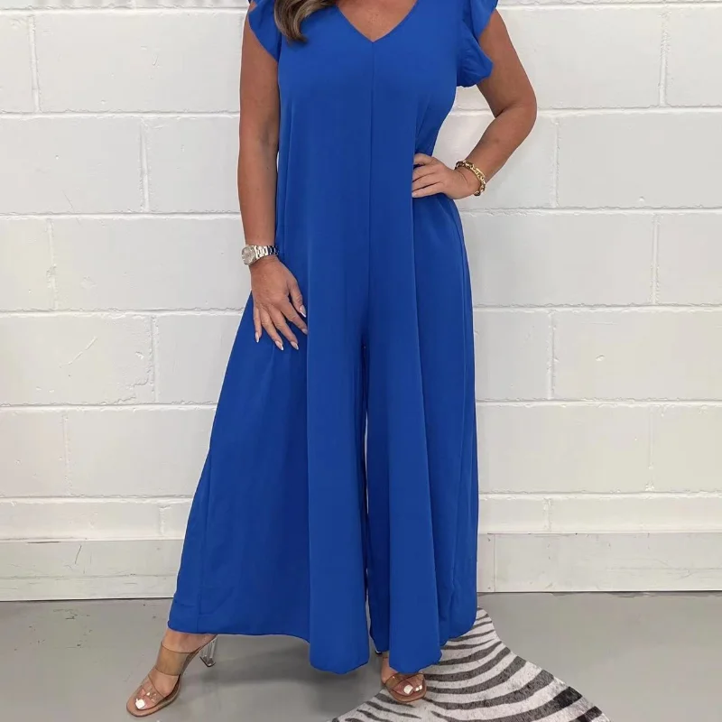 2023 Summer New Elegant Versatile Women's 3/4 Sleeve V-Neck Loose Waist Wide Leg Casual Simplicity Commuter Fashion Jumpsuits