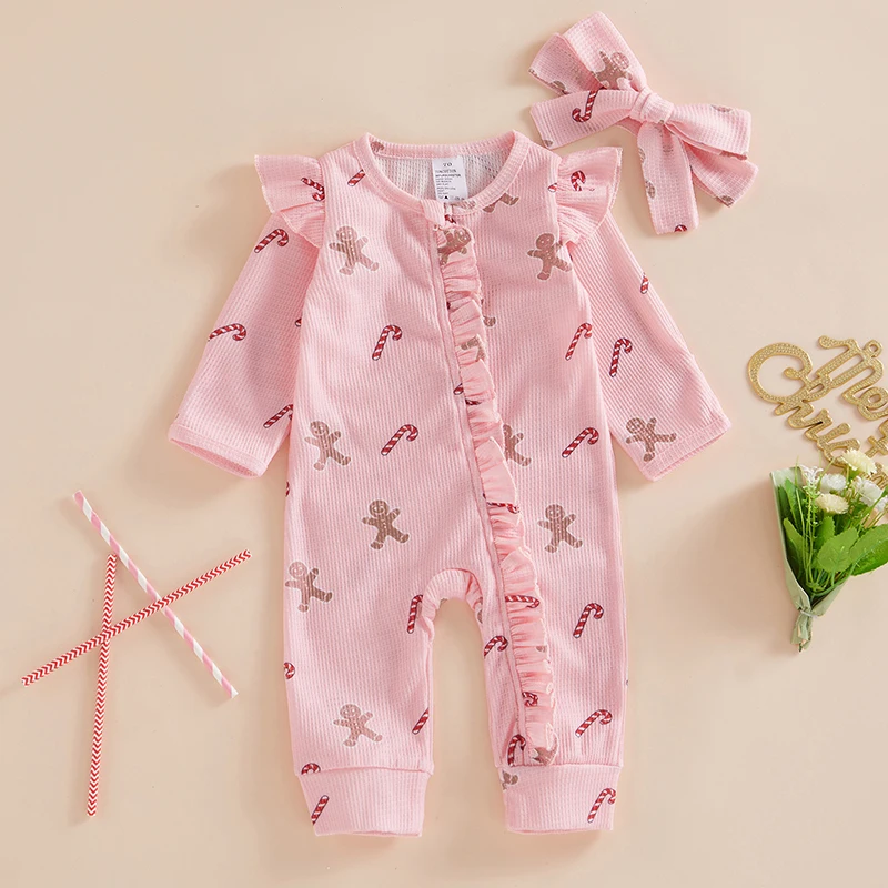 Newborn Infant Baby Girls Christmas Jumpsuit Long Sleeve Round Neck Gingerbread Print Ruffle Trim Romper with Headband Set