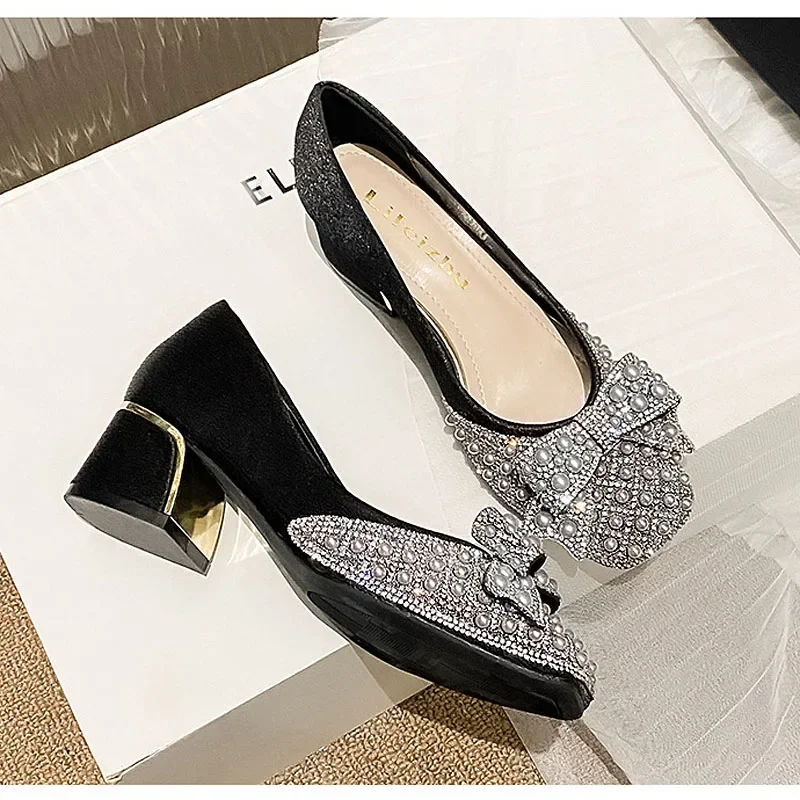 Shoes for Women Luxury Pumps Spring Party Pearl Bowknot Square Casual High Heels Shoes Girl Rhinestone Dress Shoes 35-43