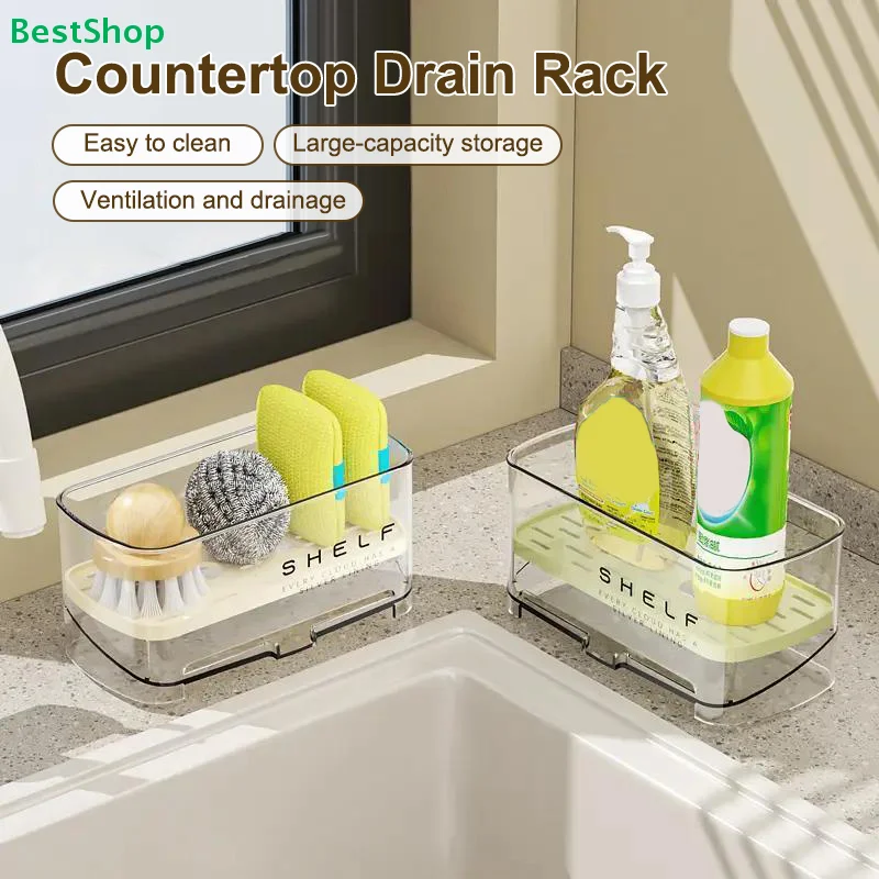 Countertop Drain Rack Large-Capacity Clear Plastic Kitchen Organizer,Ventilated Sink Shelf for Sponges,Soaps & Cleaning Supplies