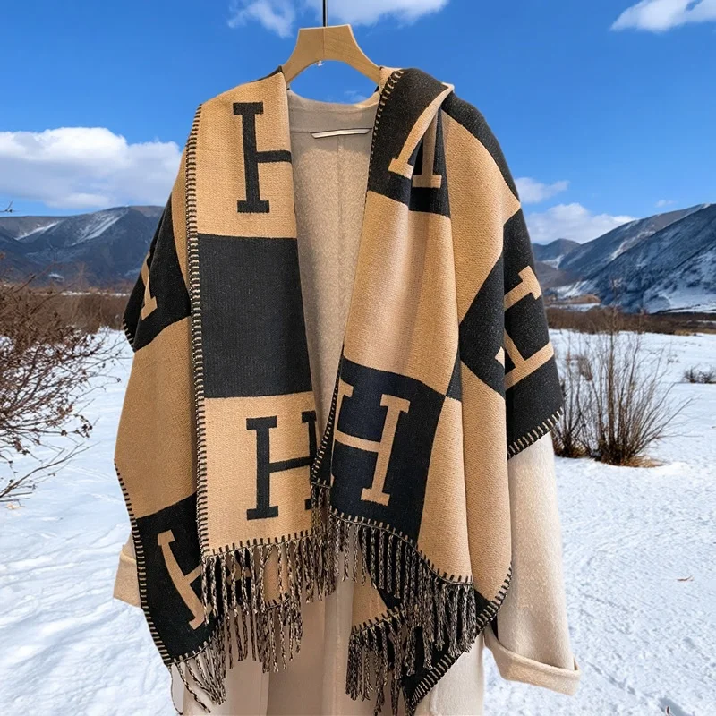 New Arrival Core-Spun Yarn Winter Scarf for Women - Double-Sided Long Letter Print Shawl, Warm Holiday Gift