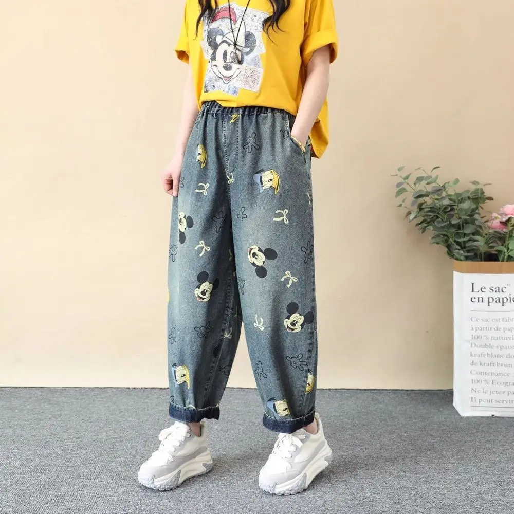 

Женские винтажные джинсы свободного кроя с принтом Микки Мауса – повседневные брюки-шаровары на шнурке с отворотами на манжетах