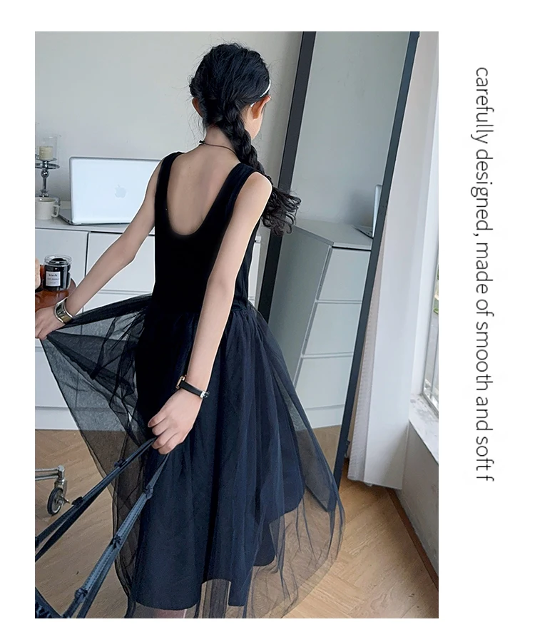 Schwarzes, rückenfreies, einteiliges Tüllkleid für Teenager-Mädchen, ärmelloses, langes Patchwork-Gaze-Kleid für Kinder, Sommerkostüm. – Detail 2
