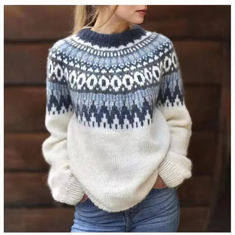 DAYIFUN Color Blocking Women's Knitted Sweater Vintage Jacquard O-Neck Ladies Pullover Autumn/winter Harajuku Style Daily Top