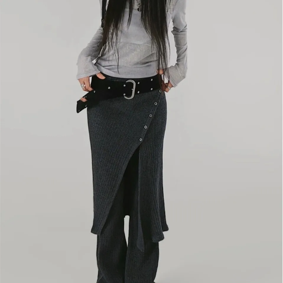 Street Design Knitted Casual Buttoned Split Belted  Skirt Pants Two-Piece Set High Waist Other Material Other Process