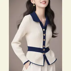 Winter Korean Corset Patchwork Turn-down Collar Sweater Autumn Winter Fashion Buttons Knitting Cardigan Top Tee Women Clotheing