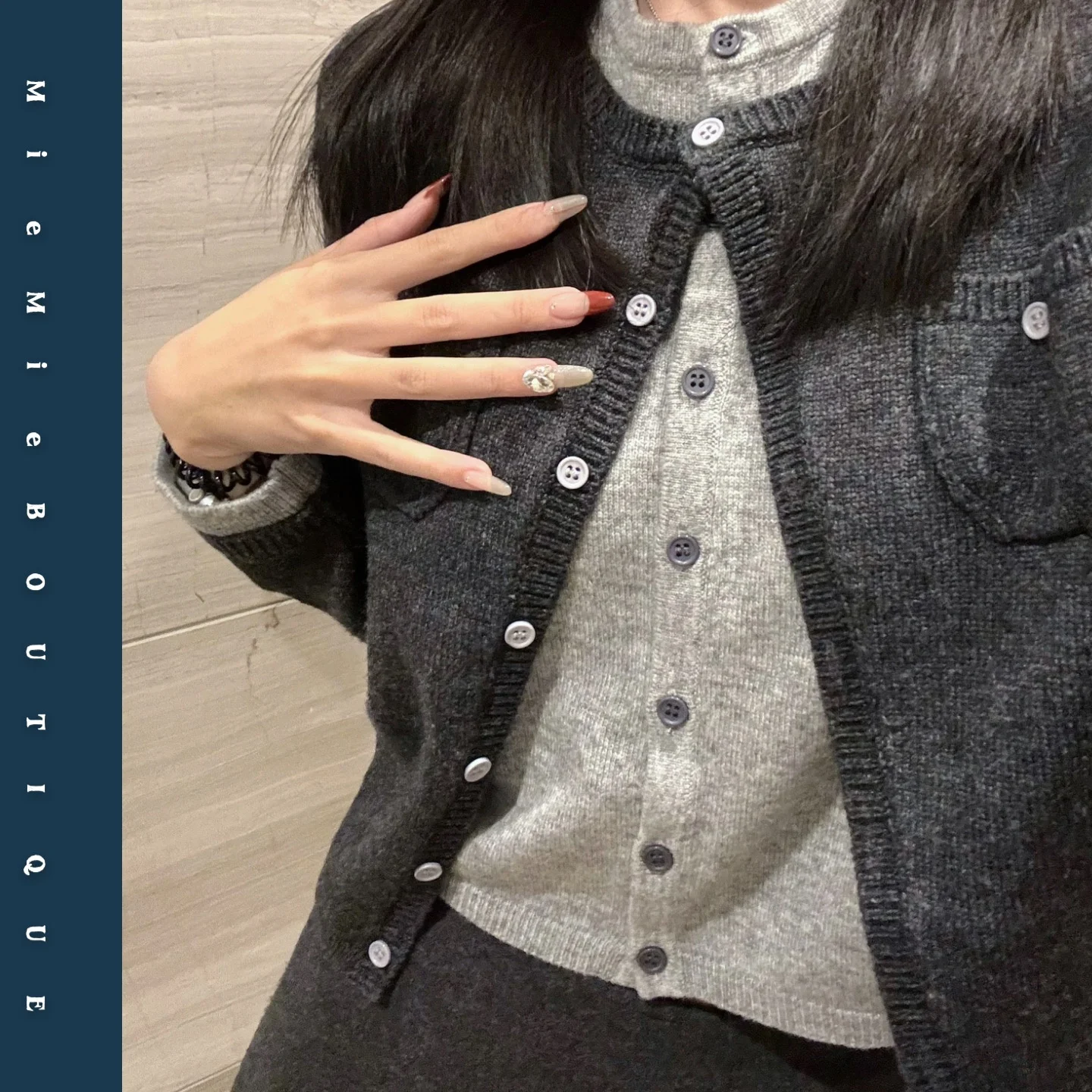 

French Sle Long Sve Faux Two-Piece Cardigan with Double kets Color Blo High Densi Fiber Women's Knitted Sweater