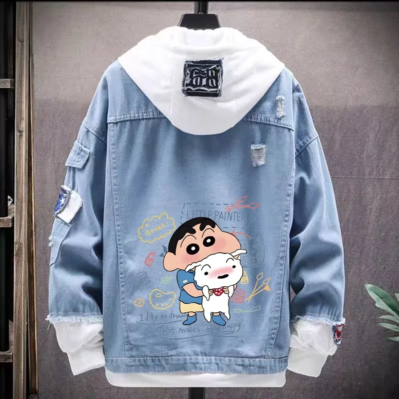 Anime Crayon Shin-Chan Series Pattern Printed Denim Hooded Jacket Boys Girls Fashion Casual Loose Coat Couple Clothing Gifts