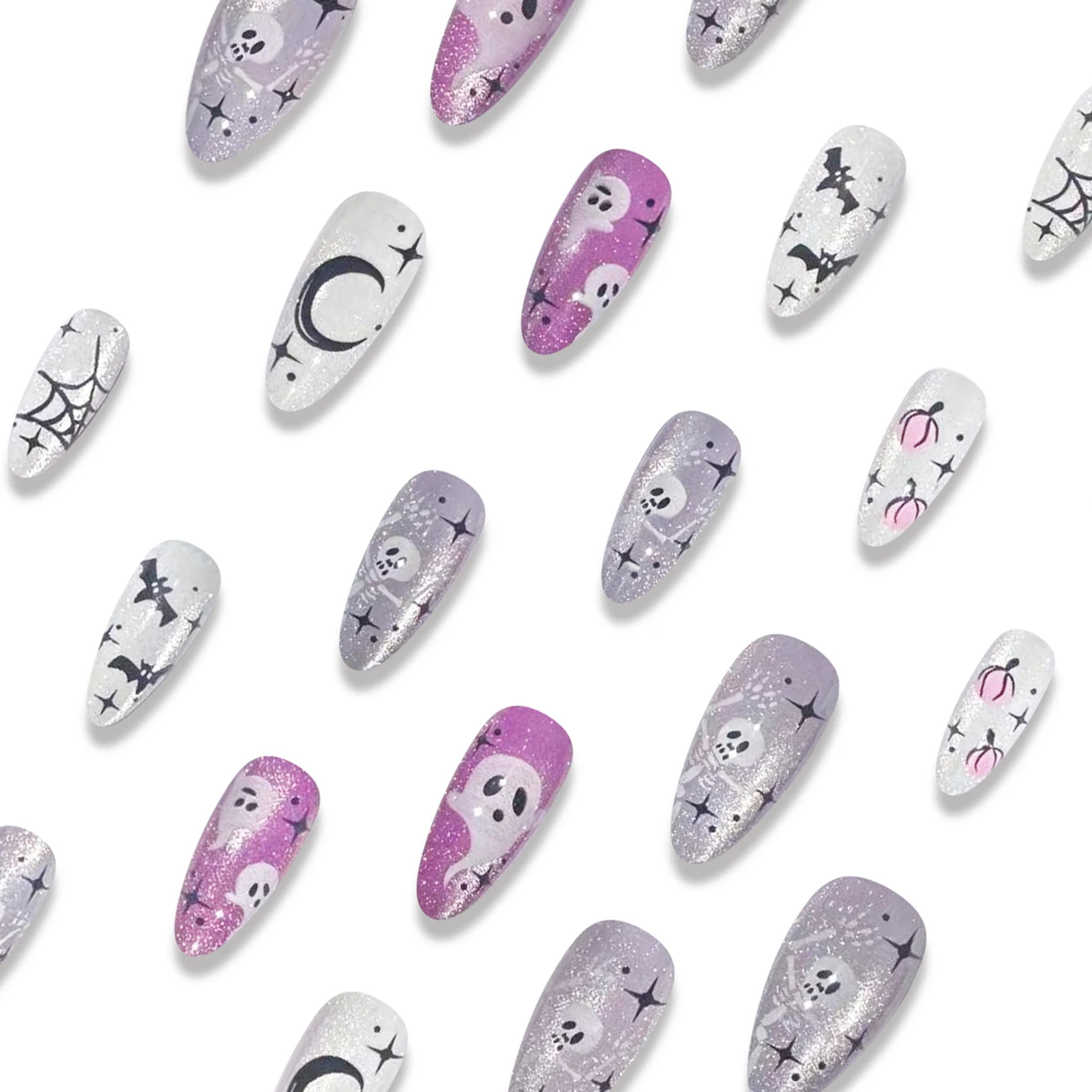24個の偽の爪のセット,オーロラ,キャッツアイ,キラキラ,パープル,ホラー,ゴースト,スパイダー,ウェブ,バット,プレス