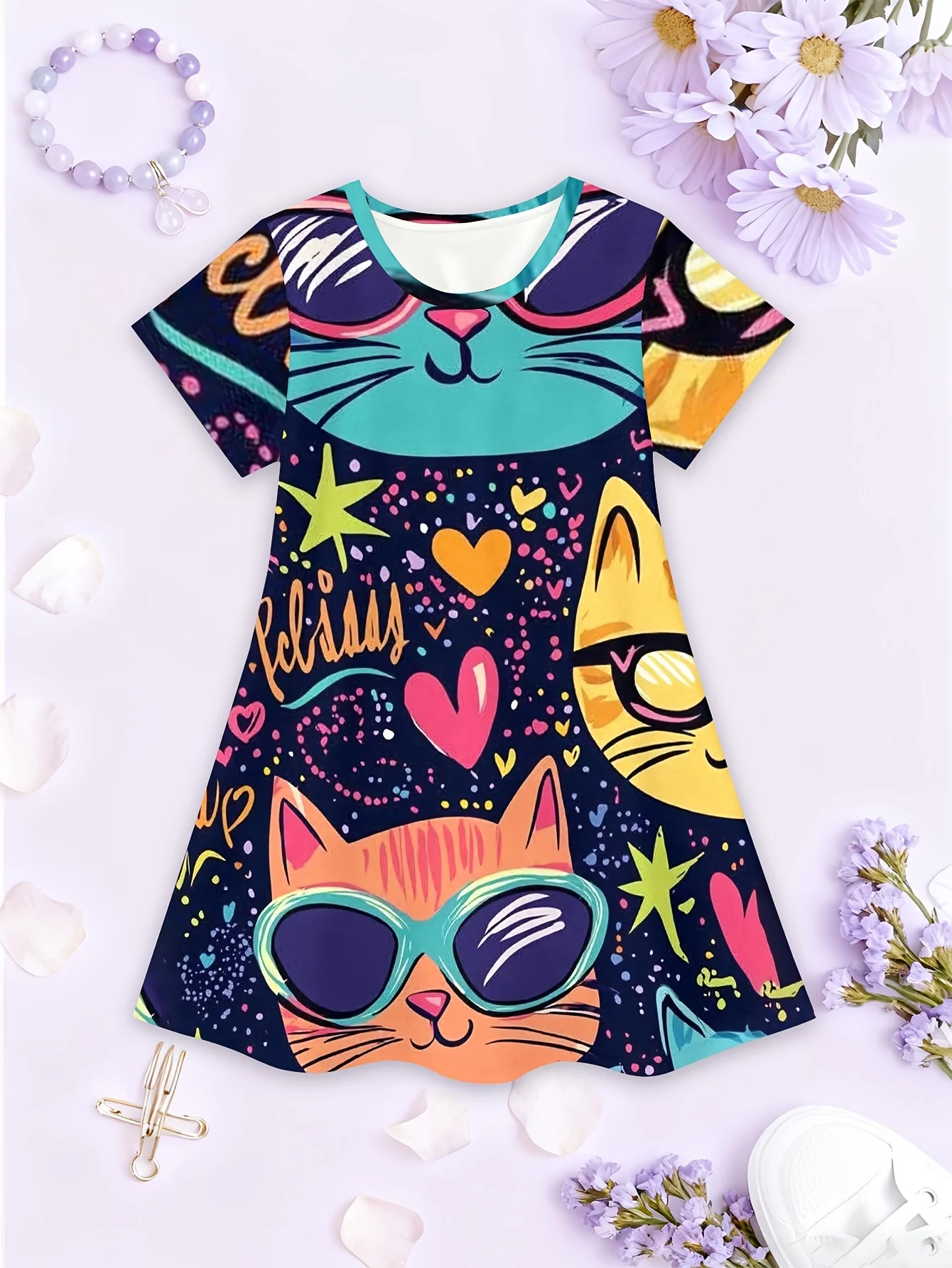 Kids Girls Graffiti Cat Swing Dress, Dark Background Cool Kitten & Hearts Full Print Short Sleeve Dress for Birthday Outfit