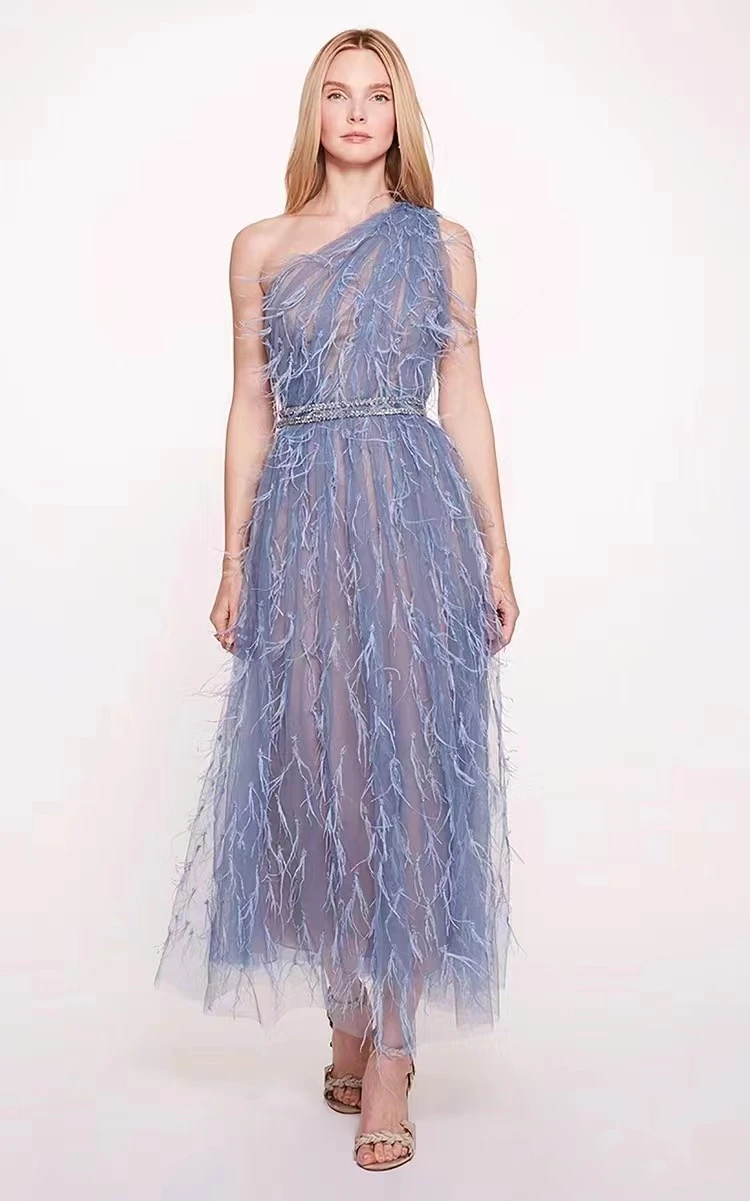 Women's One Shoulder Sleeveless Tulle Pleated Luxurious Feather Evening Gowns Belted Beaded A Line Dresses Prom Dresses