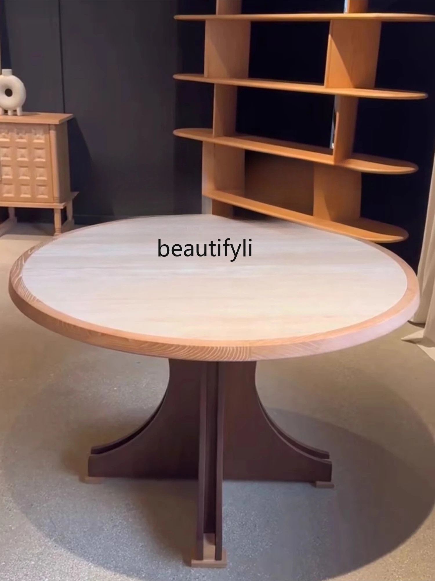 

Solid wood rock slab hole stone round dining table household small apartment art high-end round dining table