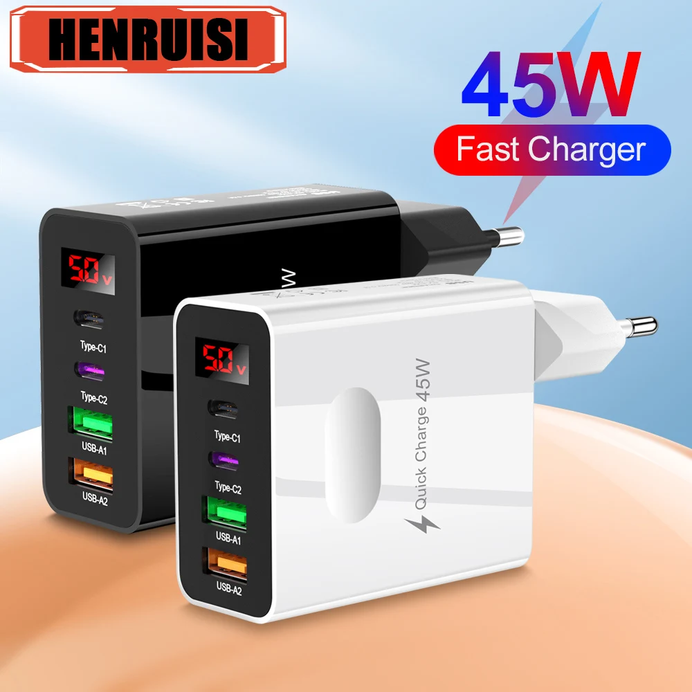 45W USB Charger Fast Charging 4 Ports Type C Phone Charger Adapter For iPhone Samsung Xiaomi Digital Display USB C Wall Charger