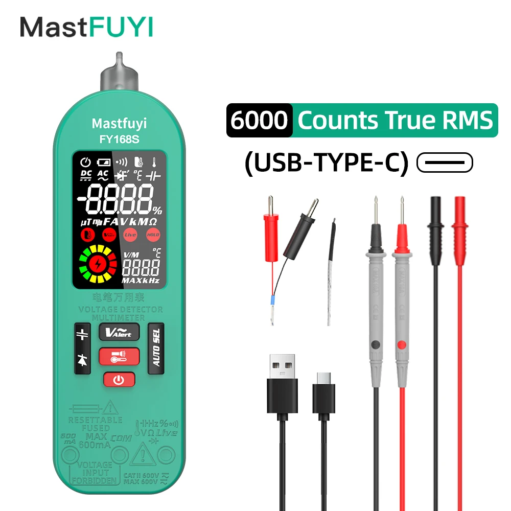 

MASTFUYI Digital Multimeter Rechargeable LCD Voltmeter NCV Frequency Ohm Diode Capacitance Ture-RMS VFC Multifunction Tester