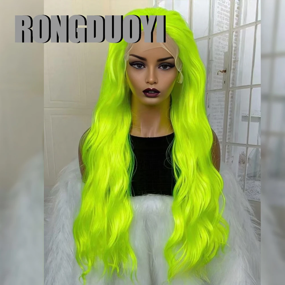 RONGDUOYI Neon Green Cosplay Hair Body Wave Middle Part Lace Front Wigs Neon Yellow Natural Hairline Women Makeup Synthetic Wig