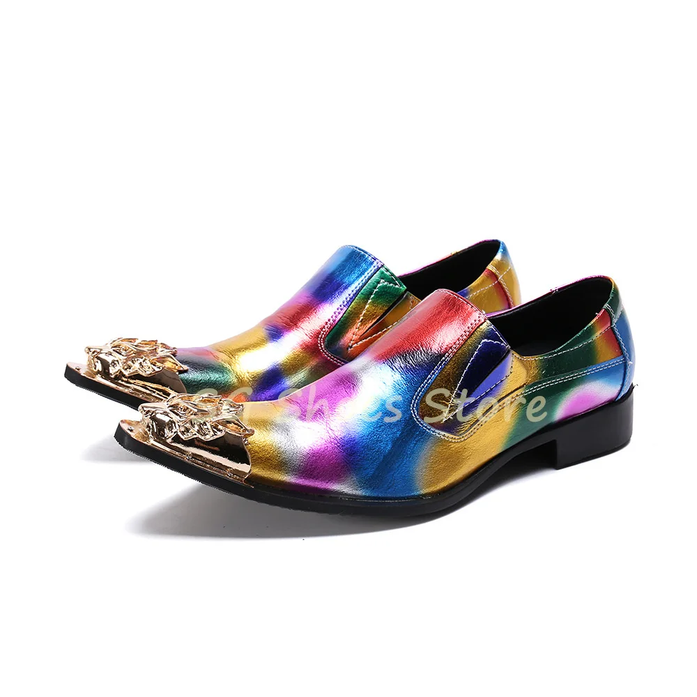 

Colorful Checkered Prints Sewing Shallow Loafers for Men British Pointed Toe Chunky Heel Leisure Leather Shoes Male Oxfords