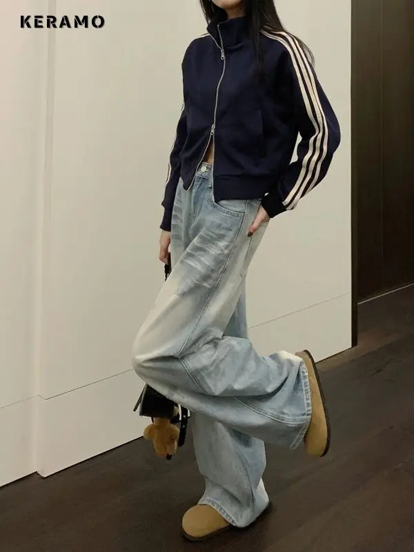 Femmes décontracté rétro Y2K 2000s lavé bleu pantalon bleu pleine longueur Baggy Emo Denim pantalon Safari Style coupe ample jean droit