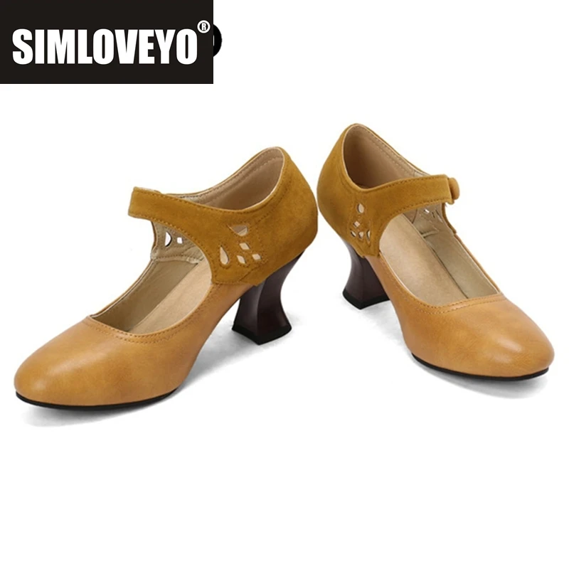 

SIMLOVEYO Лето-весна Симпатичные женские туфли-лодочки с круглым носком 6,5 см Маленькие каблуки из флока и ремешком на щиколотке из искусственной кожи с пряжкой Зеленый Желтый Большой размер 46 48