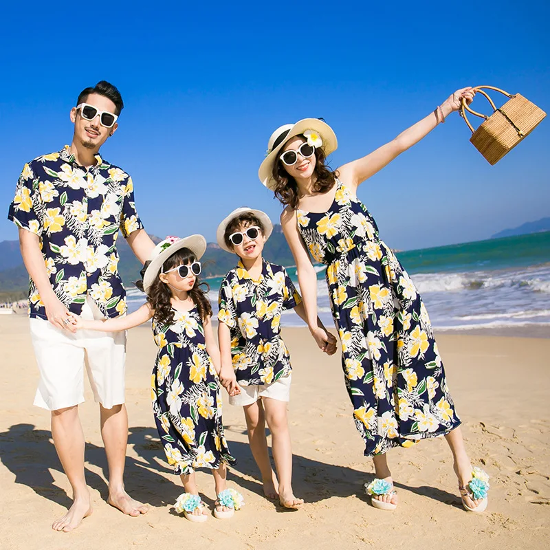 New Family Matching Outfits Mother-daughter Floral Slip Dress Father-son T-shirts And Shorts Suit Beach Vacation Couple Wear