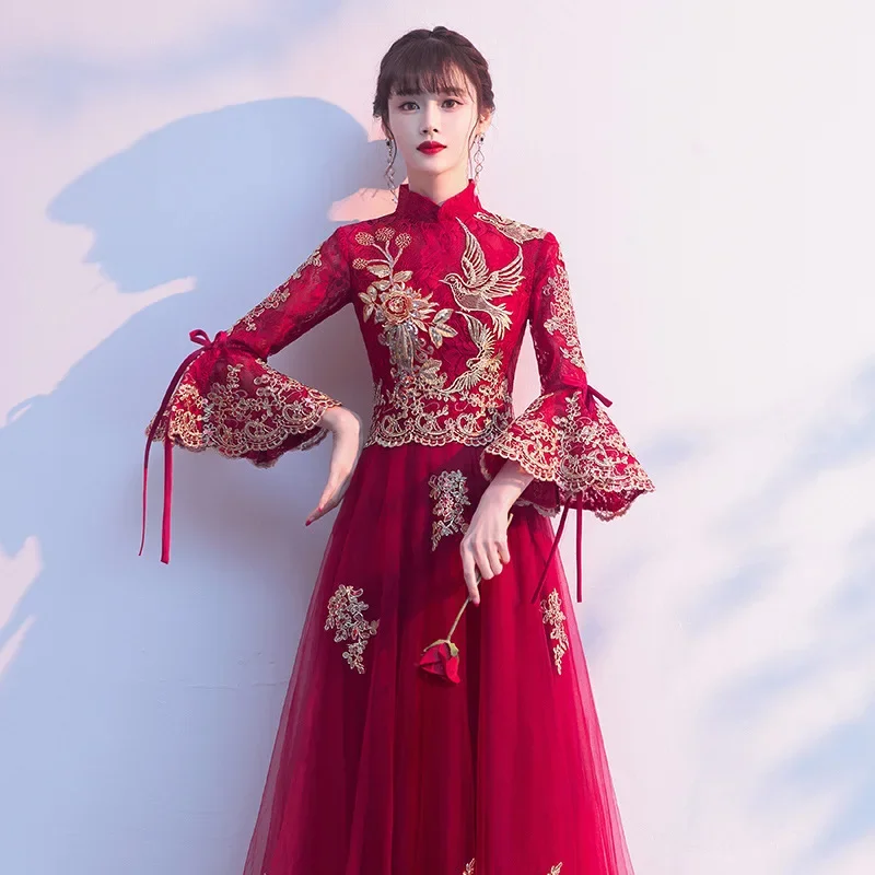 Customized Burgundy Chinese Traditional Evening Dress For Wedding Party Quarter Sleeves Bridal Toasting Dress 2025 YSWM146