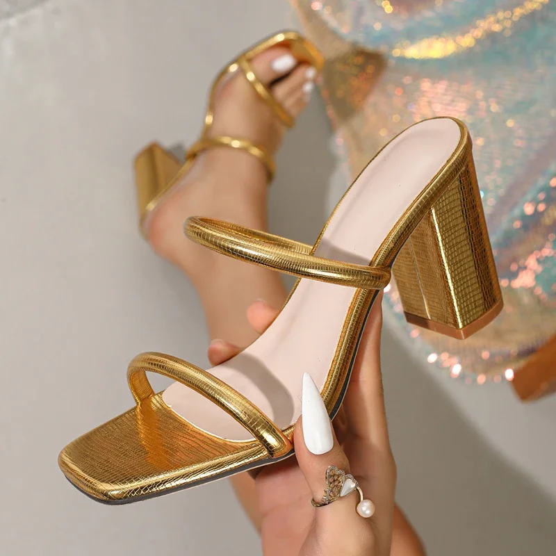 

Aneikeh Sexy Thin Band Hollow Out Narrow Band Women Slippers Summer Fashion Square Toe High Heels Banquet Dress Slide Shoes