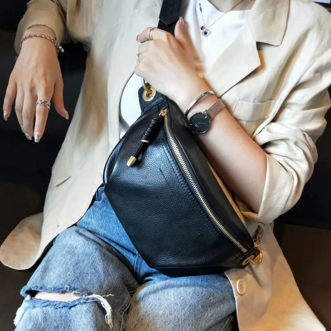 New chest bag female fashion waist bag head layer cowhide wide shoulder strap single shoulder crossbody bag