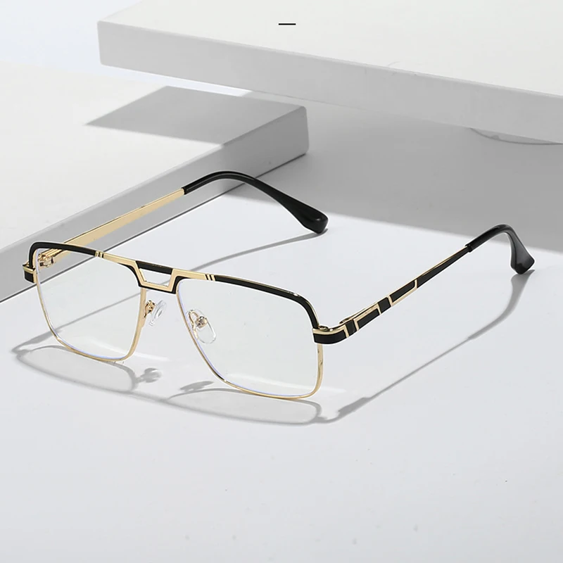 New Double Beam Men's Anti Blue Light Glasses, Square Metal Blue Ray Blocking Eyeglasses Myopia Glass Frames F8144