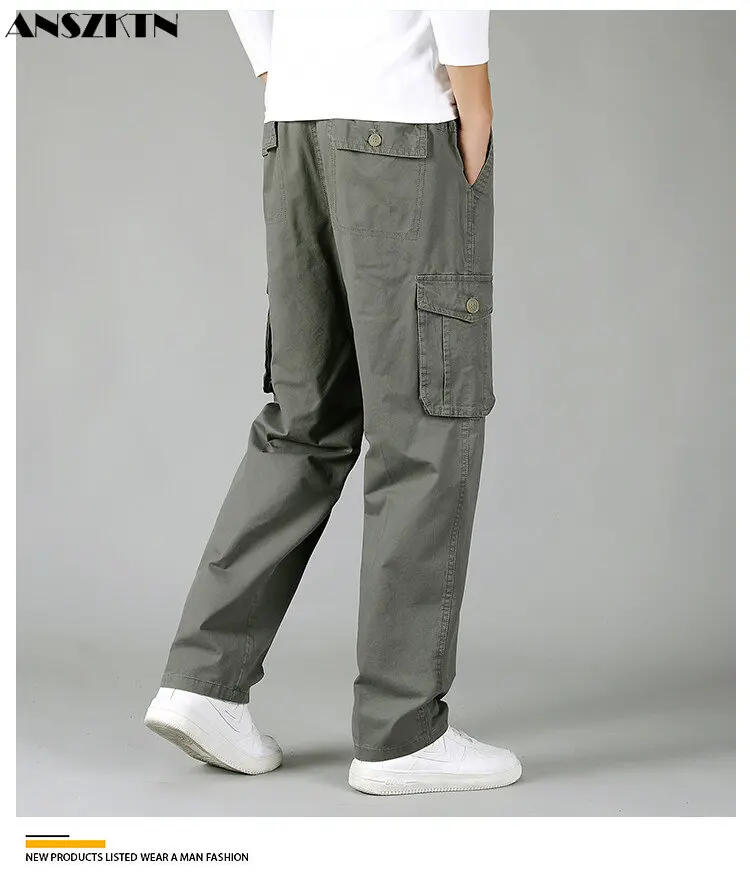 

ANSZKTN Summer casual pants Men's trousers overalls cotton elastic waist middle-aged pants