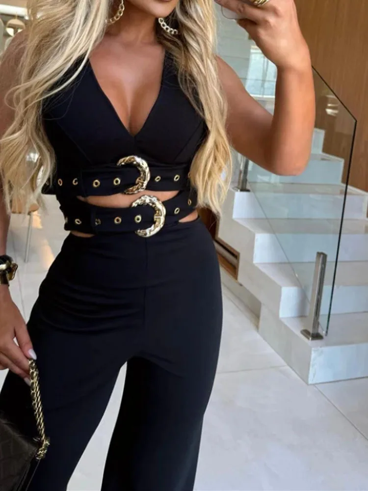 女性のセクシーな無地ノースリーブディープVネックタンクトップとハイウエストワイドレッグパンツ2点セット