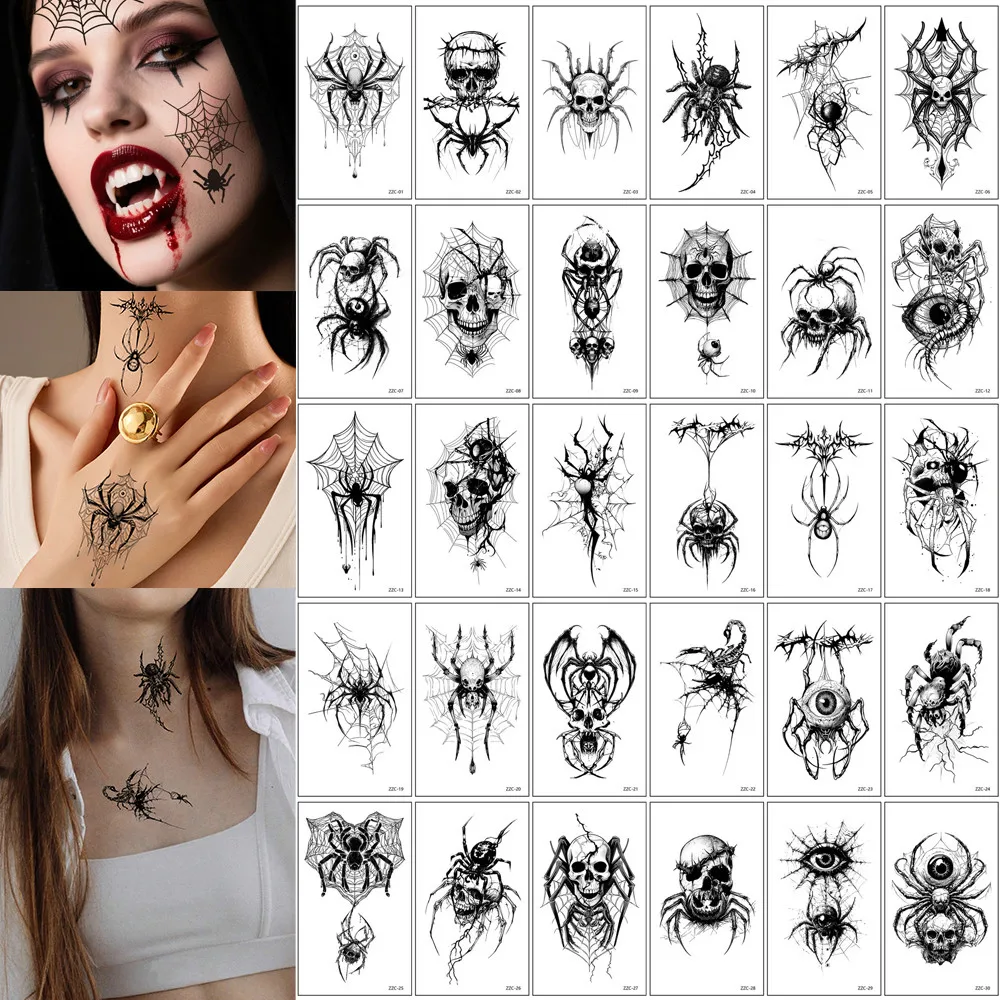 

30pcs Realistic Spider Fake Tattoo for Halloween Party Waterproof Skull Tattoo Stickers for Women Men Body Stickers