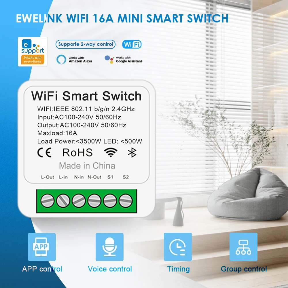 EWeLink Wifi MINI Smart Switch 16A 2 Way Control Timer Wireless Switch DIY Smart Home Breaker Compatible With Alexa Google Home