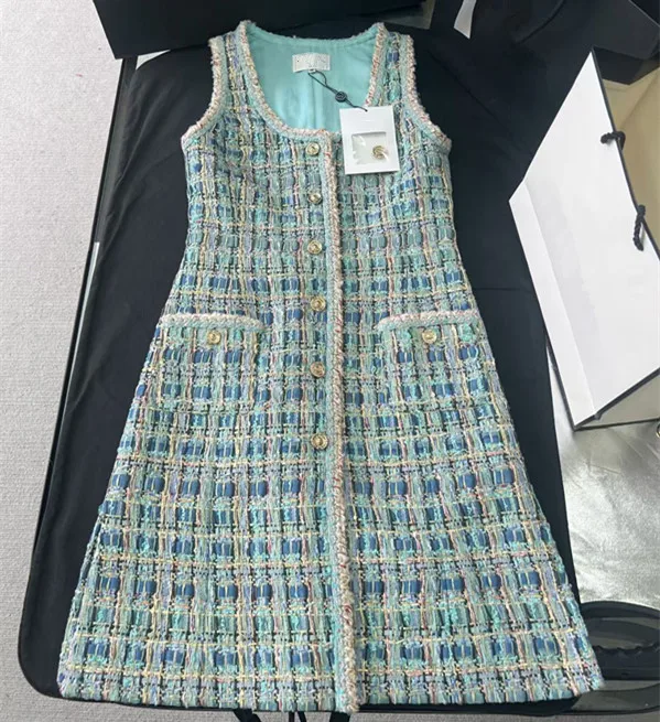 Customization European women's fashion 2026 spring new collection Long-sleeved blue single-button tweed coat and dress set