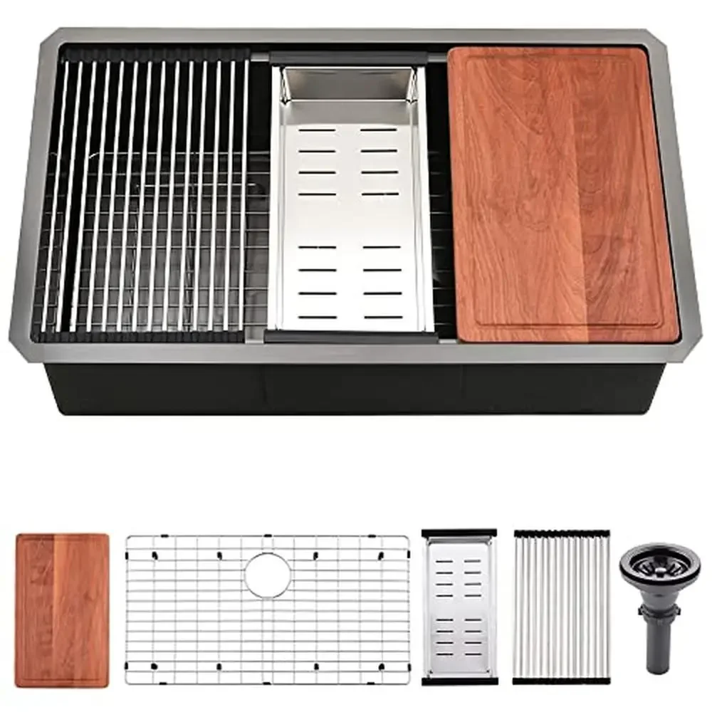 30 Inch Black Stainless Steel Undermount Kitchen Sink Single Bowl Commercial Workstation Sink 16 Gauge Includes Cutting Board