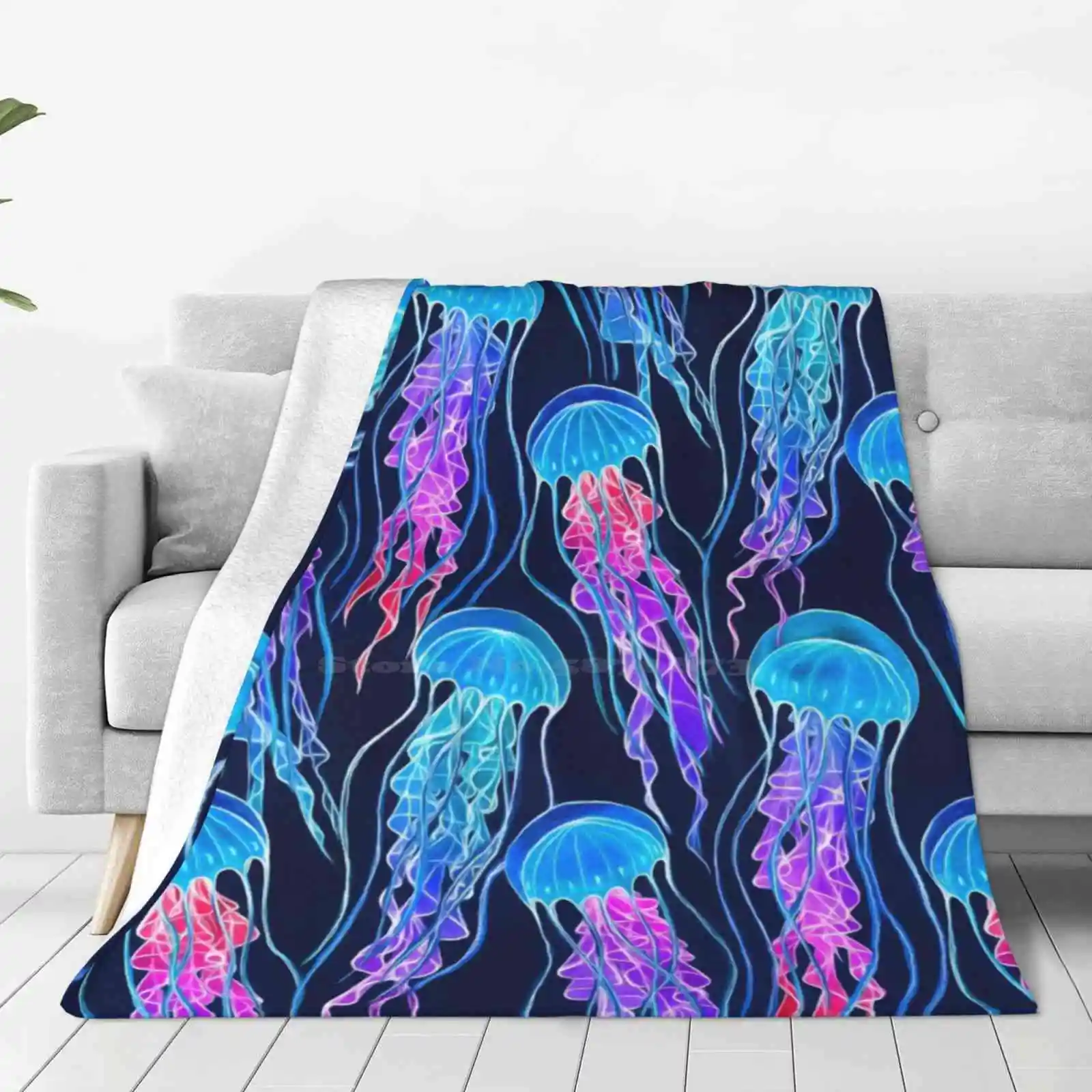 Luminescent Rainbow Jellyfish On Navy Blue Blanket Soft Warm Travel Portable Blanket Jellyfish Ocean Creatures Sea Deep Blue