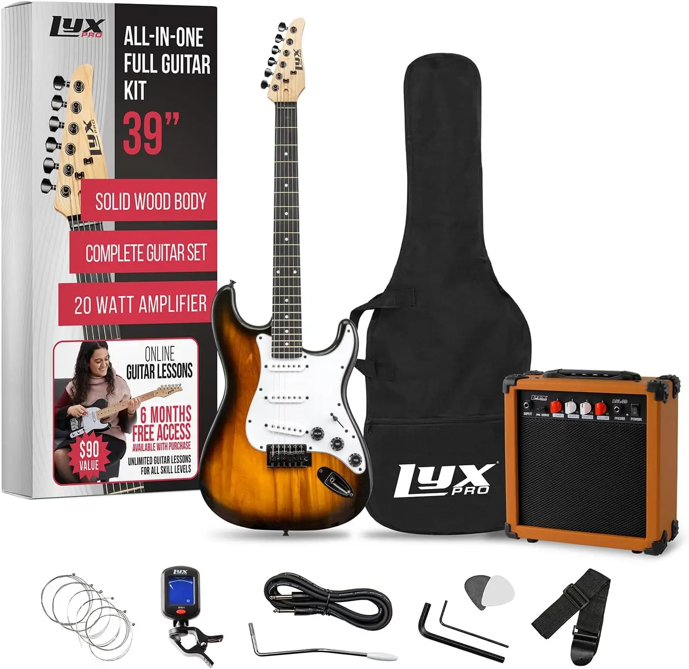 20W Amp Electric Guitar Full Size Starter Set for Beginners - Includes Digital Tuner, Strings, Picks, Tremolo Bar, Shoulder Strap, Case Bag - Sunburst Finish